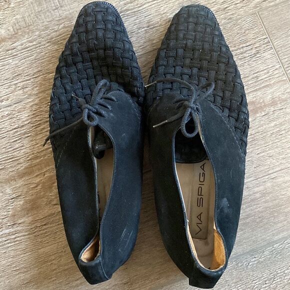 Vintage Via Spiga Black Suede Basket Weave Lace up Pointed Toe Oxford Loafers - Picture 6 of 7